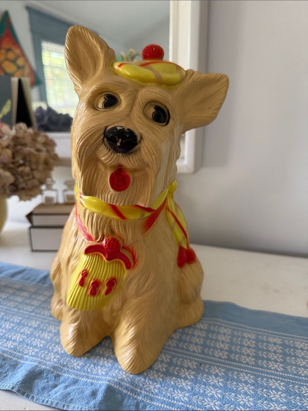 Vintage Blow Mold Style Yellow & Red Scottie Dog Bank - Unbranded